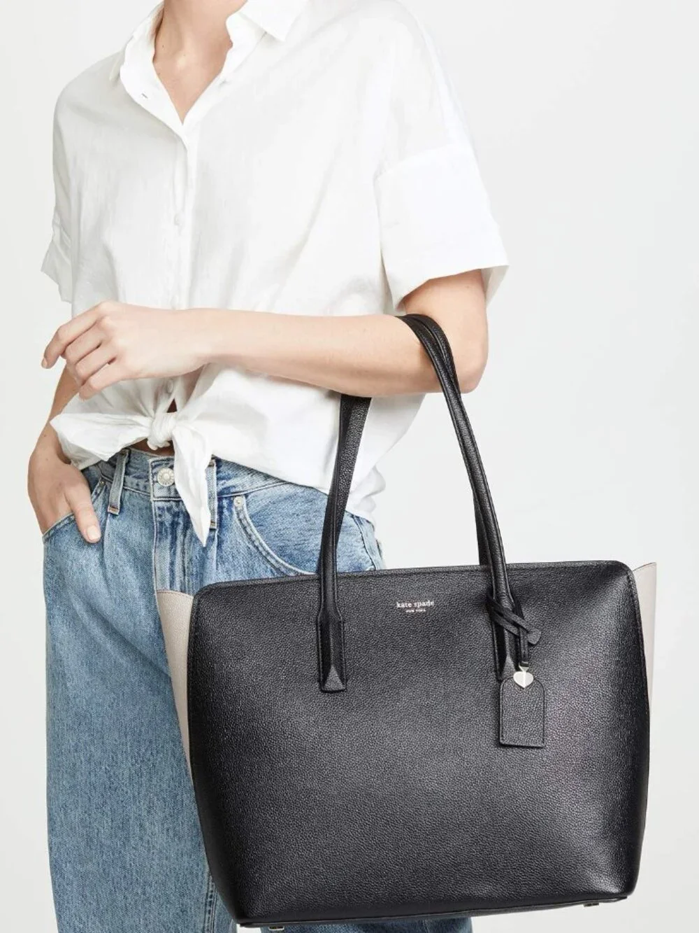 KATE SPADE~Margaux Large Work Tote~ PEBBLED LEATHER SHOULDER BAG Black Gray